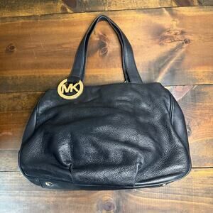 Michael Kors Fulton Black Shoulder Handbag Pebbled Leather Gold MK Hobo Satchel